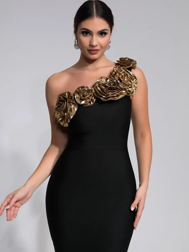 New Women Celebrity Luxury Sexy One Shoulder Flower Black Maxi Long Bandage Dress 2024 Knitted Elegant Evening Club Party Outfit - JN Fashion Fusion