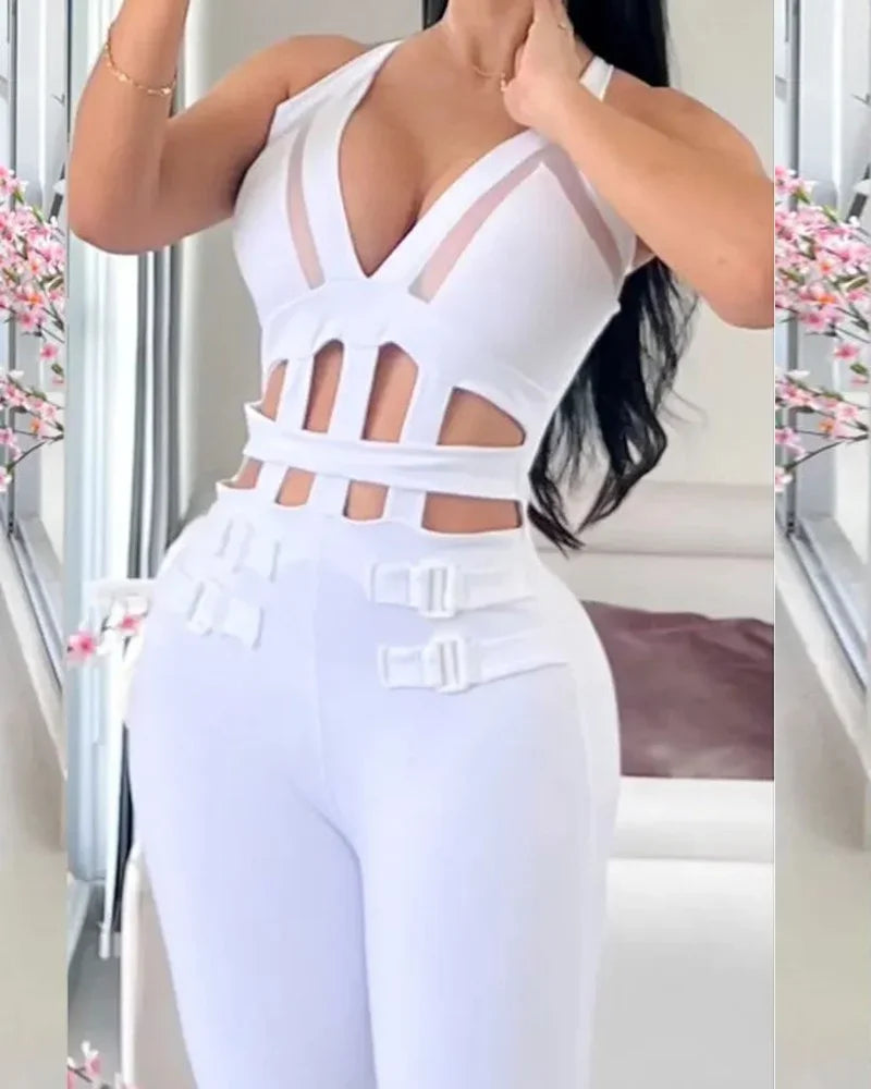 Summer Women Sexy Hollow Out Halter Buckled Contrast Mesh Jumpsuit Skinny Night Out Chic Sleeveless Office Lady Jumpsuit - JN Fashion Fusion