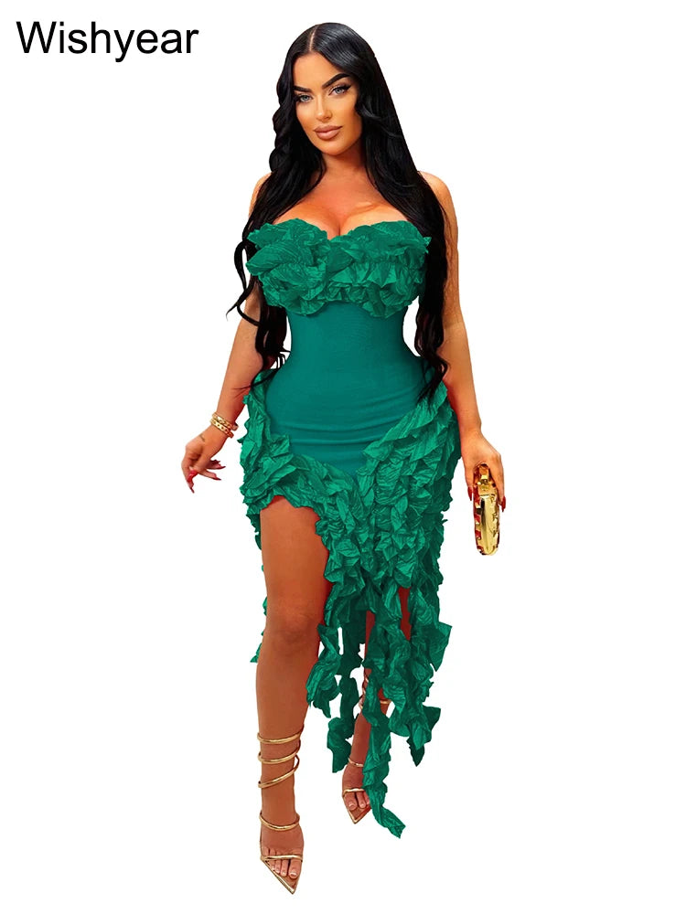 Sexy Girls Flower Irregular Party Long Dress Women Fall Strapless Ruffles Tassel Celebrities Elegant Birthdaay Prom Club Vestido