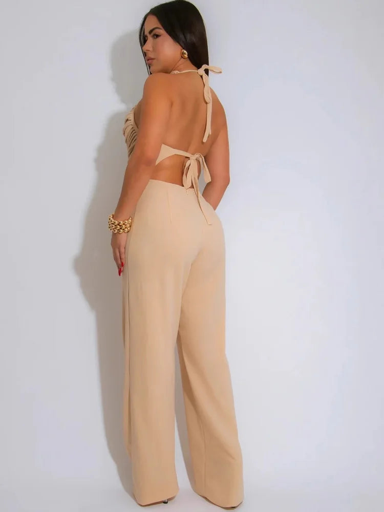 Beyprern Womens Beaded Fringed Palazzo Jumpsuits Overalls Summer Backless Fitted Wide Legs Jumpsuits One Piece Outfits Clubwear - JN Fashion Fusion
