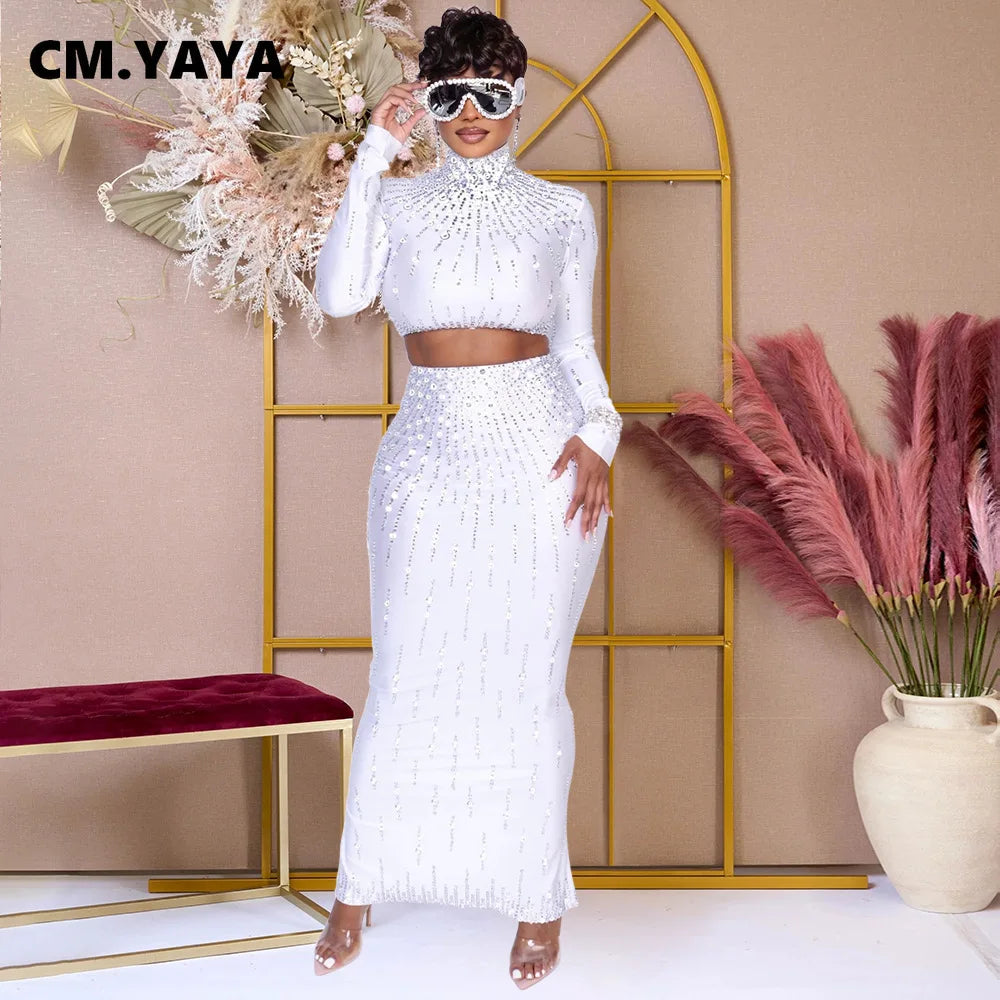 CM.YAYA Women Set Street long sleeve Print Crop Tops + High Waist Long Skirts Suits Sexy Party Holiday Two 2 Piece Sets Dress - JN Fashion Fusion