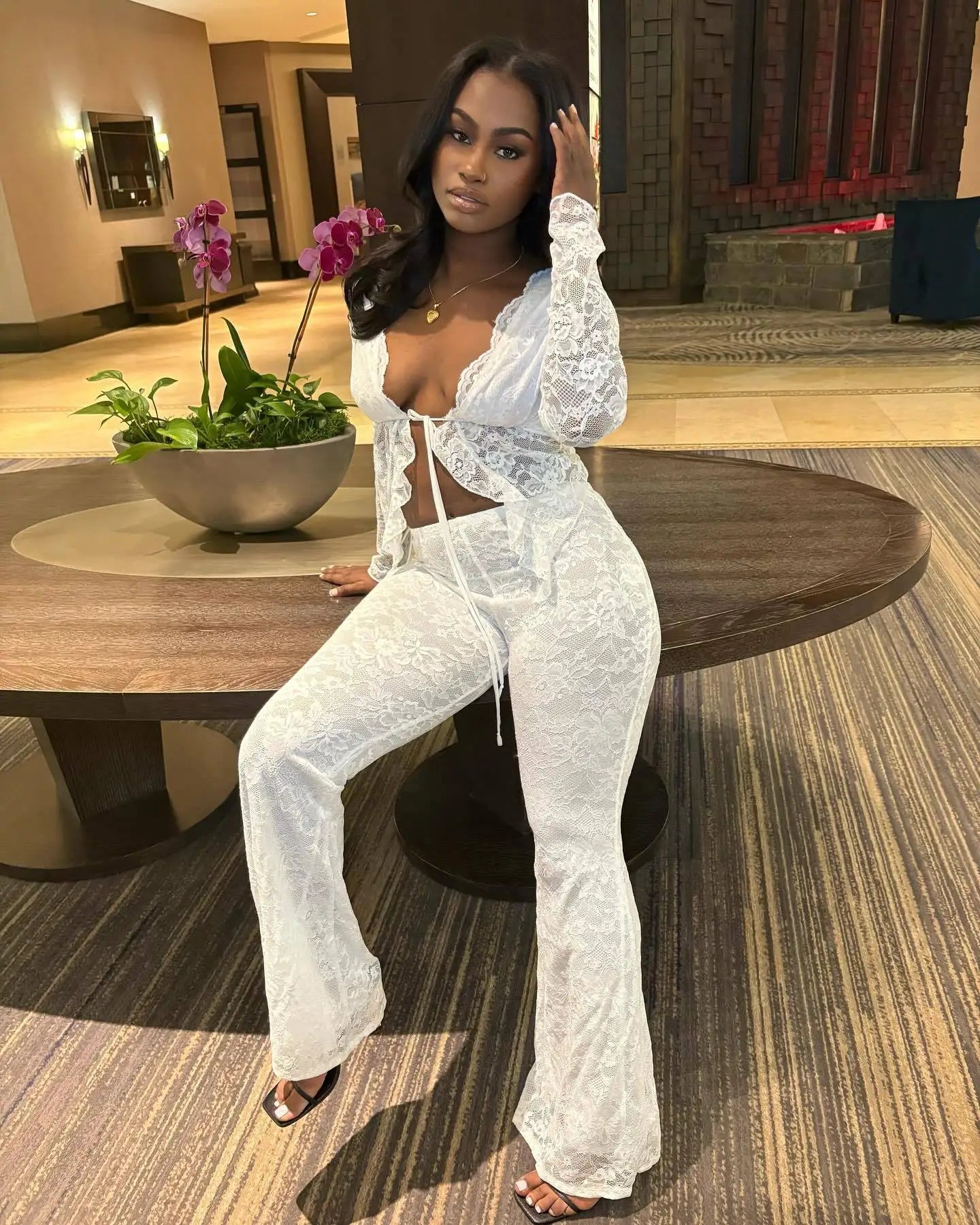 CM.YAYA 2025 Women's Set Long Sleeve Lace See Through Shirt + Long Pants Street Evening Sexy Two 2Piece Sets Outfits Tracksuit - JN Fashion Fusion