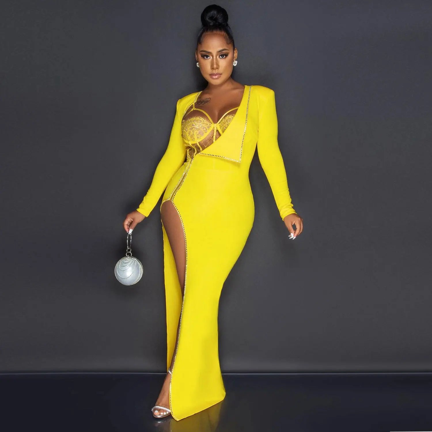 Rhinestone Crystal Night Club Dress Sexy Women Two Pieces Diamond Long Party Dress With Bodysuit