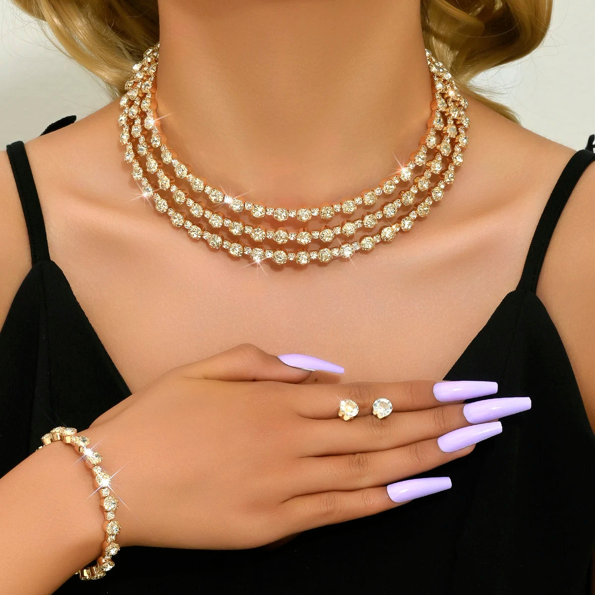 4-piece women's jewelry set with rhinestones, multi-layer collars, earrings, bracelets, wedding party accessories - JN Fashion Fusion