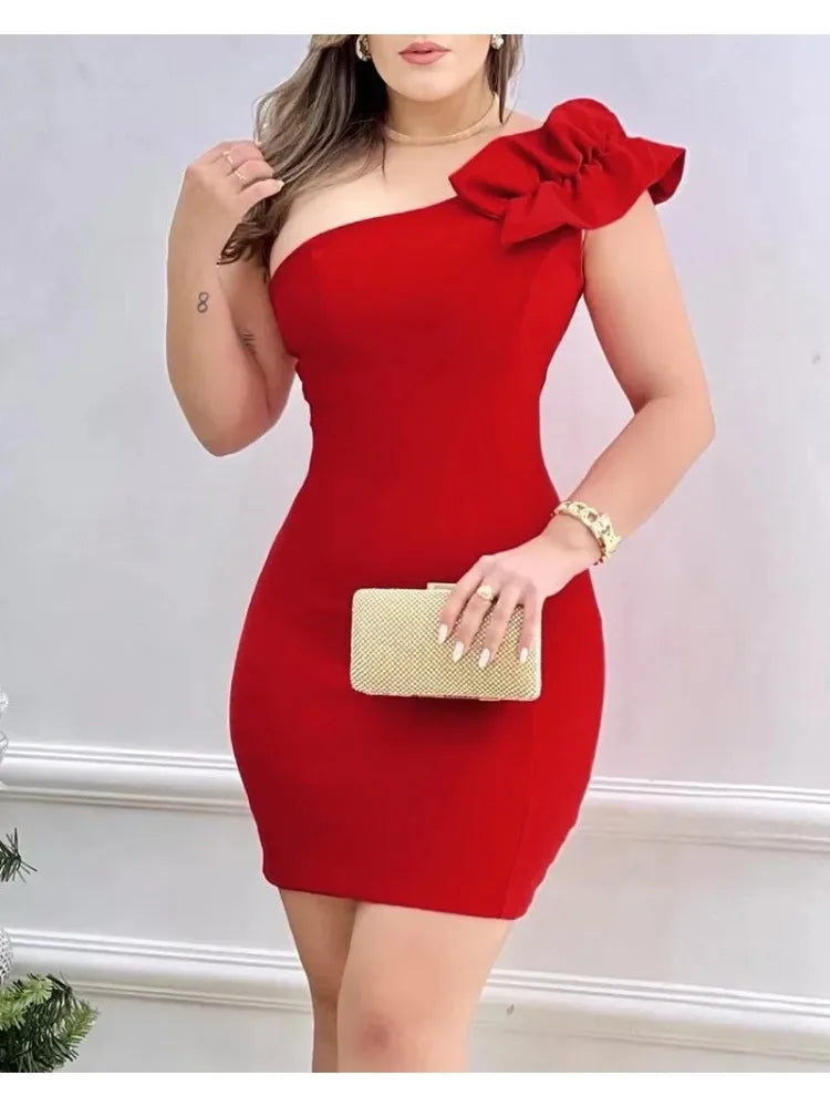 Sexy Mini Dress Women 2025 Summer New Fashion One Shoulder Ruffle Hem Bodycon Dress Elegant Woman Clothing Party Dresses - JN Fashion Fusion