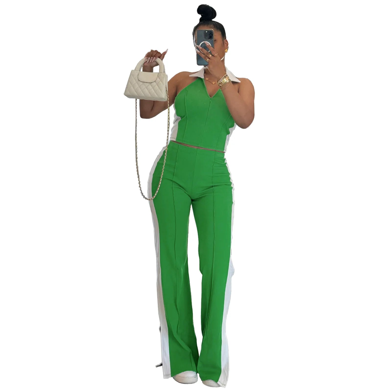 CM.YAYA Sporty Patchwork Women's Set Sleeveless Polo-tank Tops and Slit Flare Pants 2025 Active Two 2 Piece Set Outfit Tracksuit - JN Fashion Fusion
