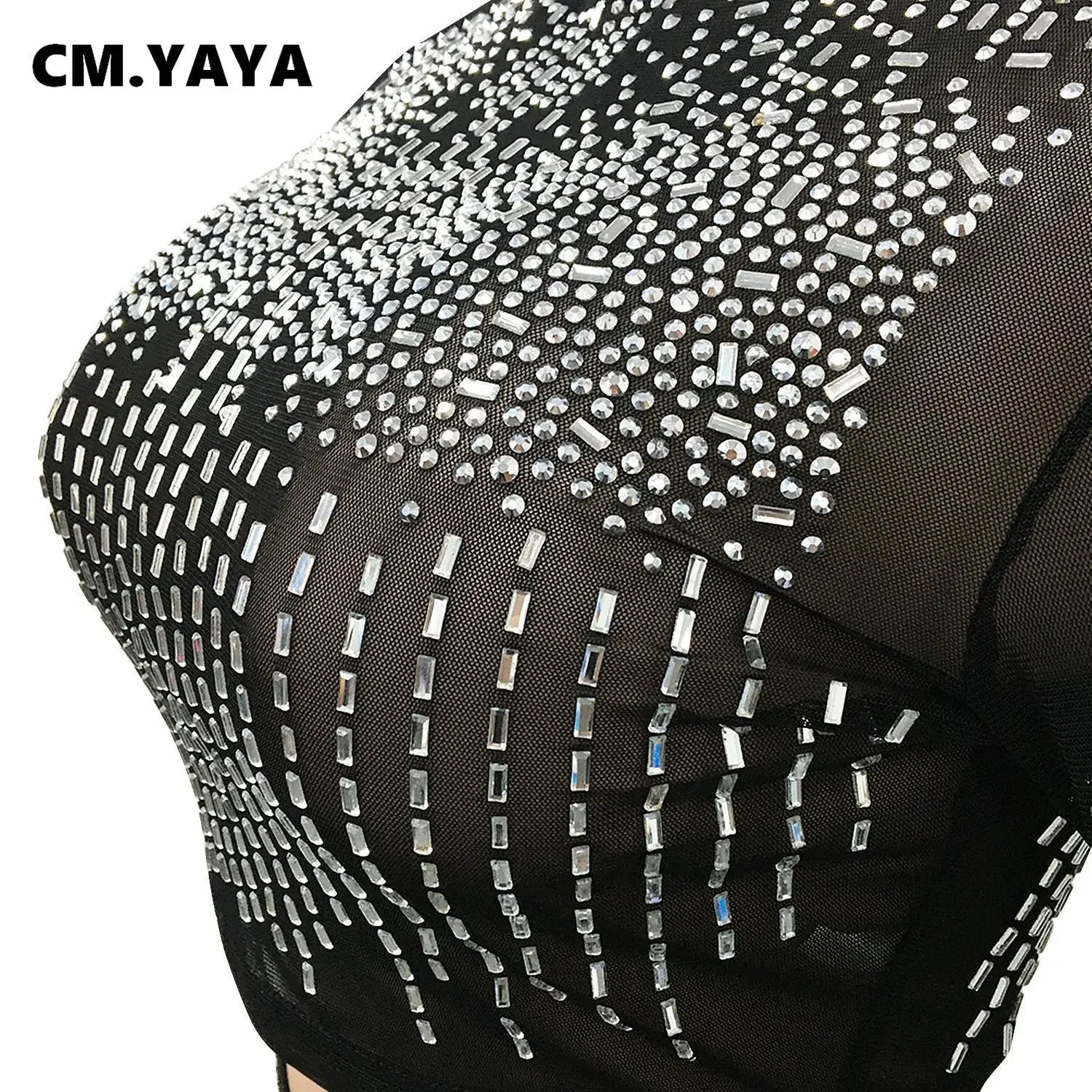 CM.YAYA Women Mesh See Though Hot Rhinestones Diamonds Patchwork Maxi Midi Dress Sexy Party Long Skirts Suit Matching Set - JN Fashion Fusion