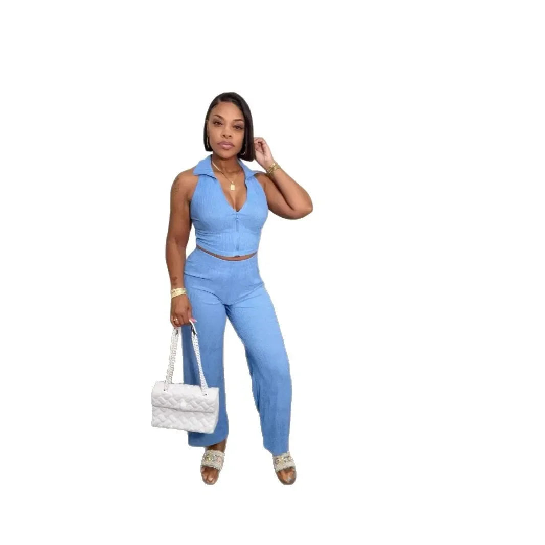 Women's Two-piece Lapel Sleeveless Top Pleated Casual Pants Set for Summer 2025 - JN Fashion Fusion