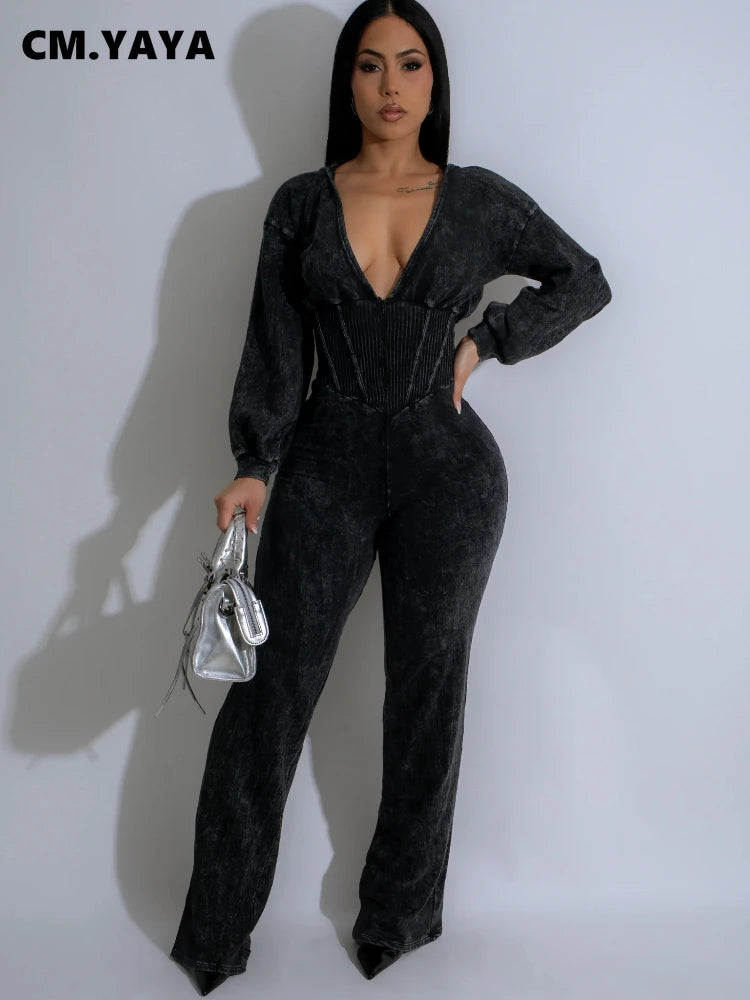 CM.YAYA Fashion Women Knit Ribbed Long Sleeve Moto Biker Jumpsuits V-neck Washed Street Party Outfits One Piece Suit Rompers - JN Fashion Fusion