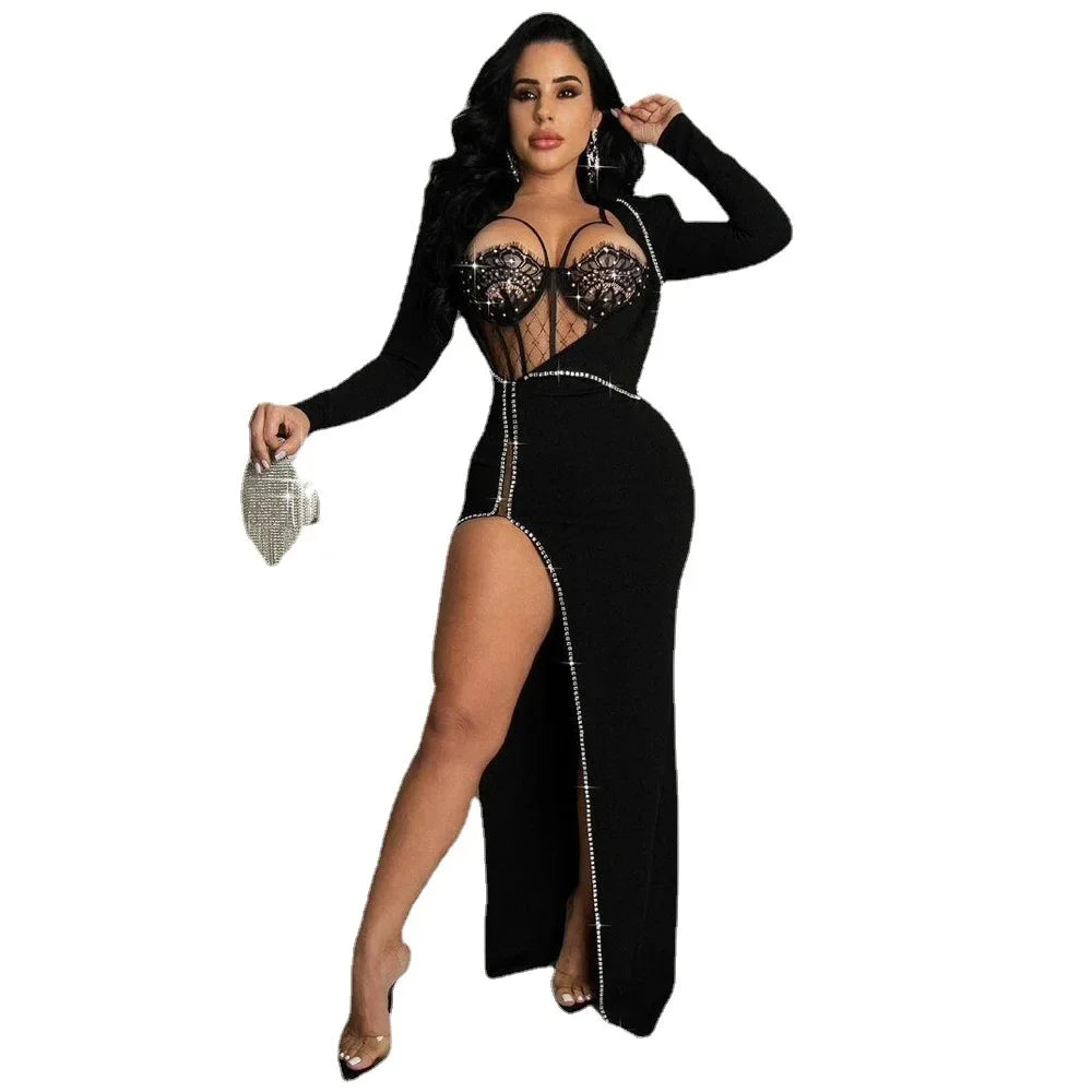 Amazon Fast Sale 2022 Autumn/Winter New Lace Long Sleeve 2-Piece Set Two Colors Nightclub Clothing Women's Fashion - JN Fashion Fusion