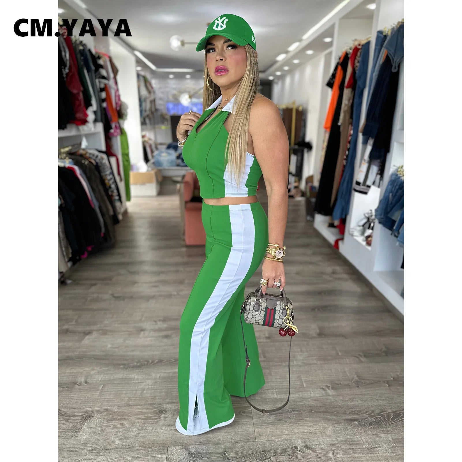 CM.YAYA Sporty Patchwork Women's Set Sleeveless Polo-tank Tops and Slit Flare Pants 2025 Active Two 2 Piece Set Outfit Tracksuit - JN Fashion Fusion