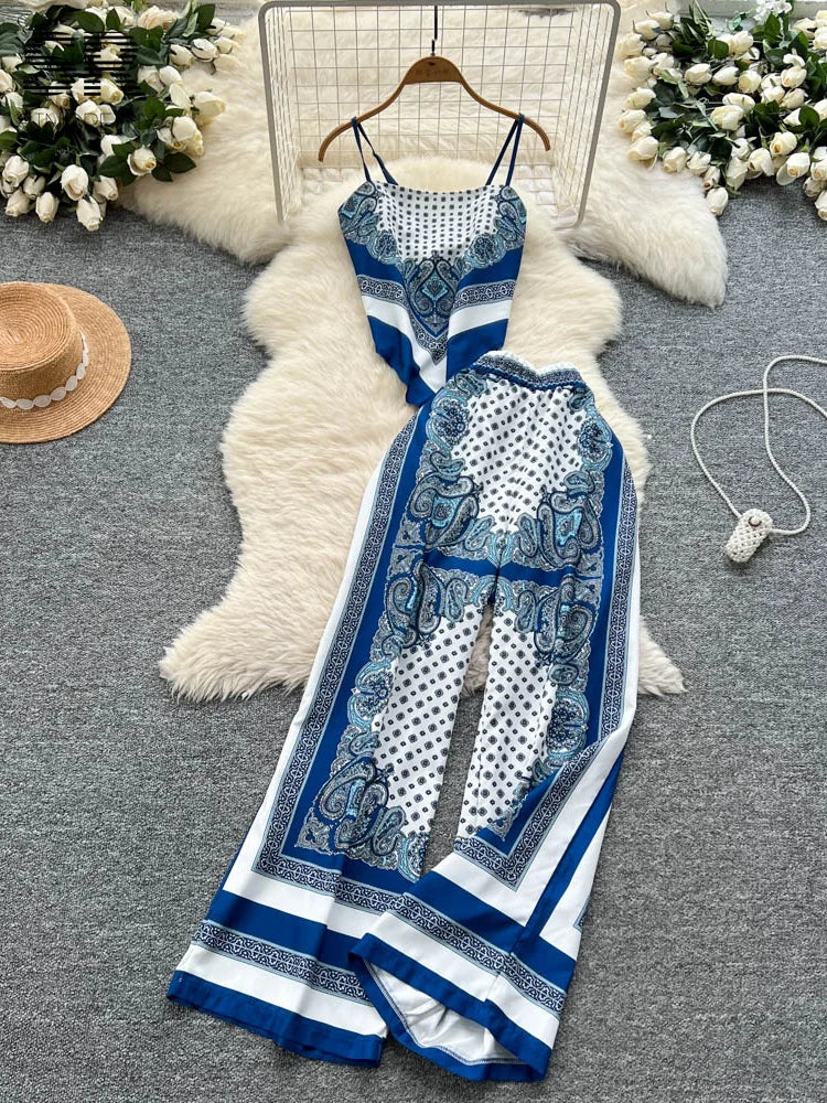 SINGREINY Sexy Print Vintage 2pcs Sets Women Sleeveless Strapless Tops+Wide Leg Pants Summer Ethnic Style Backless Outdoor Suit - JN Fashion Fusion