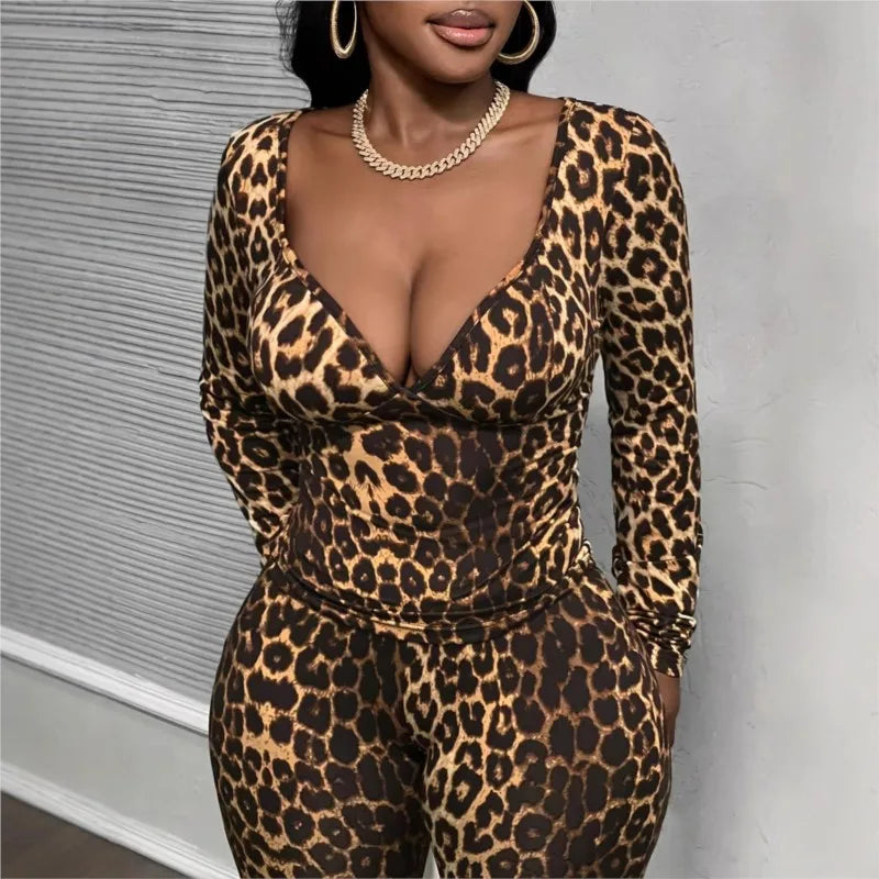 sexy Women's 2-piece Sets Suit Spring Summer Large size women deep v-neck two-piece leopard long-sleeve trousers set clothing - JN Fashion Fusion