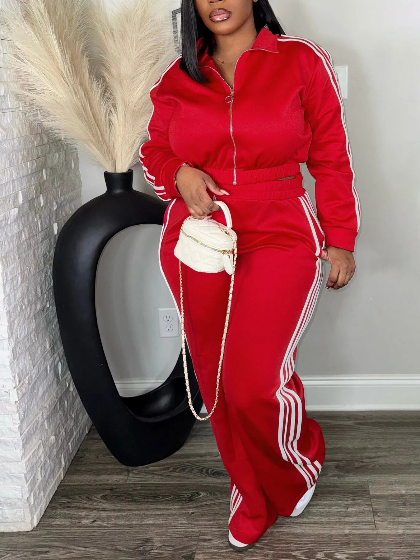 Women’s 2 Piece Tracksuit Set Zip-Up Top + High Waist Pants Side Stripe Casual Outfit - JN Fashion Fusion