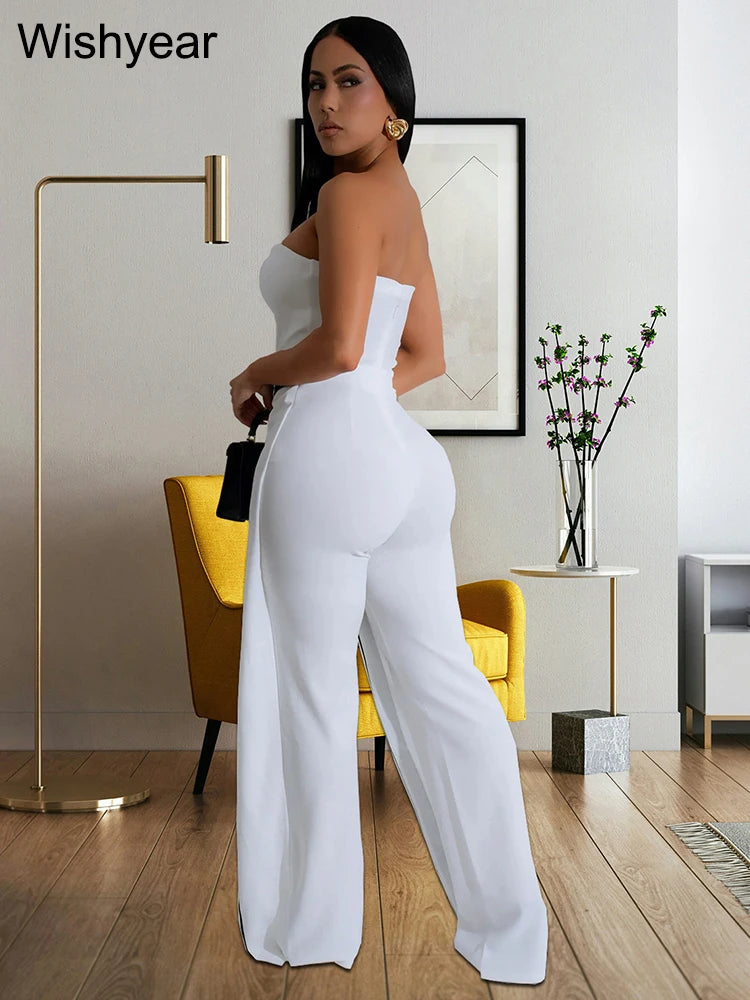 Wishyear Irregular Off Shoulder Sleeveless Strapless Jumpsuits Women Button Patchwork Wide Leg Pants Evening One Piece Outfits - JN Fashion Fusion