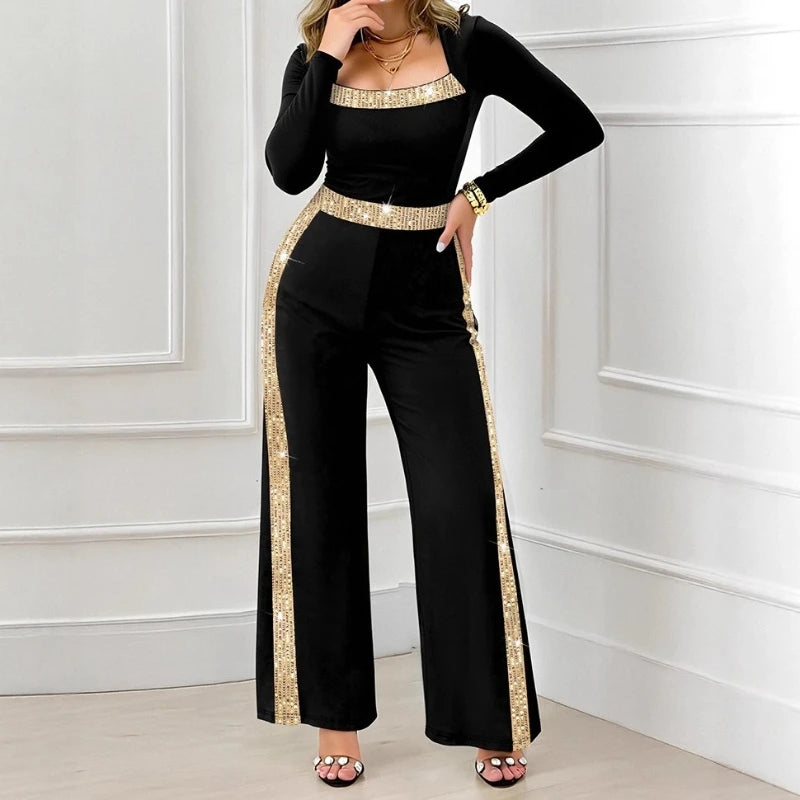 Elegant Women‘s Jumpsuit Sequin Bowknot Decor Contrast Sequin Paneled Square Neck Rompers Casual Wide Leg One Piece Pants 2025