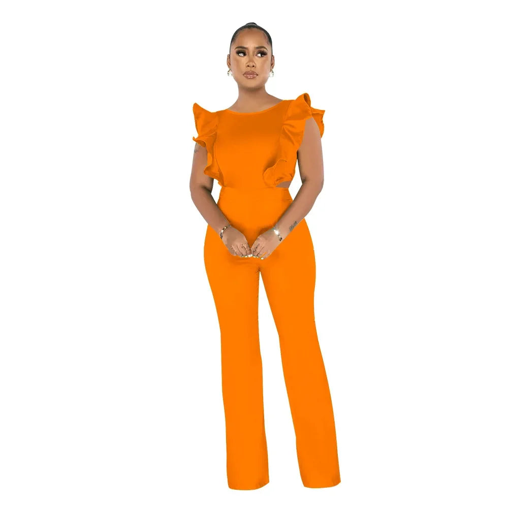Solid Ruffled Sleeveless Jumpsuit Women Summer Rompers Bodysuits O Neck High Waist Wide Leg Pant Jumpsuit Streetwear Overalls - JN Fashion Fusion