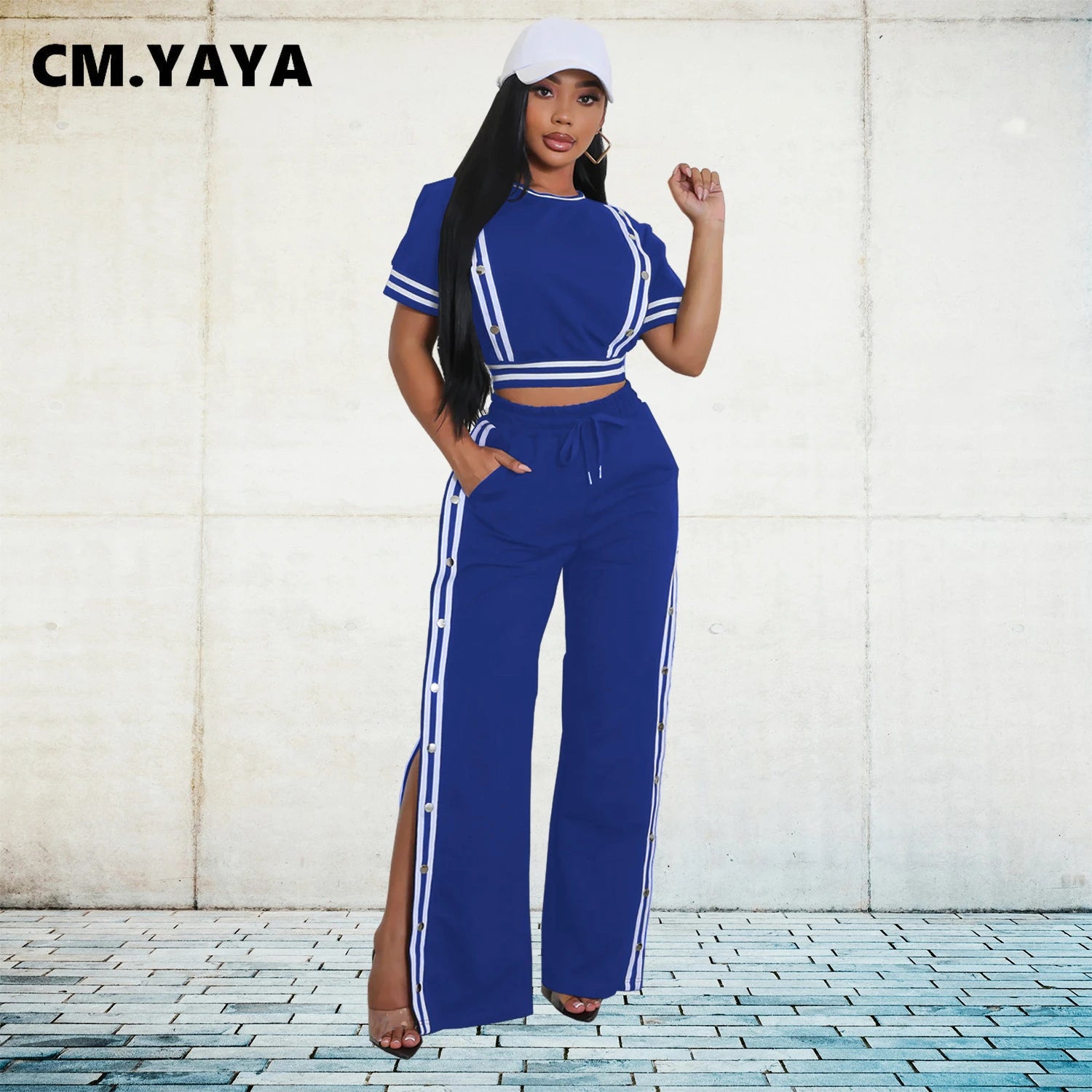 CM.YAYA Active Women's Set Striped Ribbon T-shirt + Side Button Split Long Pants Suit Sporty Two 2 Piece Sets Outfit Tracksuit - JN Fashion Fusion