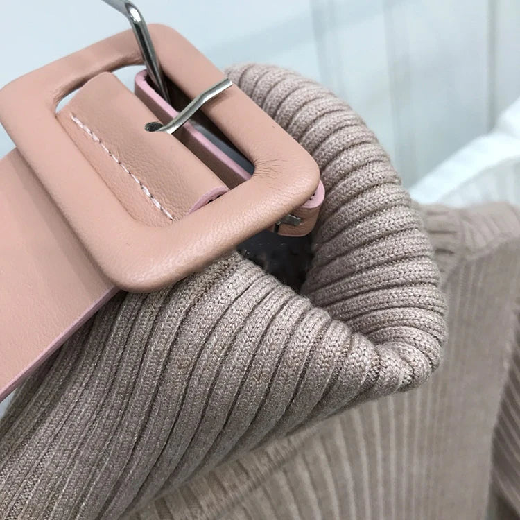 H Han Queen Knitted Turtleneck Sweater Bodycon Dress Bottoming Women Soft Elastic Autumn Winter Midi Party Dresses With Belt - JN Fashion Fusion