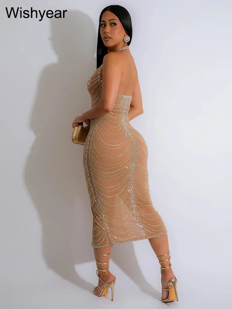 New Sexy Diamonds Halter Black Party Bodycon Midi Dress Women Sleeveless Backless Front Split Birthday Night Prom Club Vestidos - JN Fashion Fusion