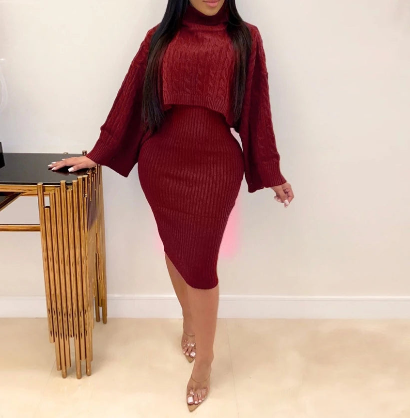 Women's Sweater Dress Set Autumn Winter New 2025 Solid Turtleneck Ribbed Sweater & Knitted Strap Dress Sets Matching Outfit - JN Fashion Fusion