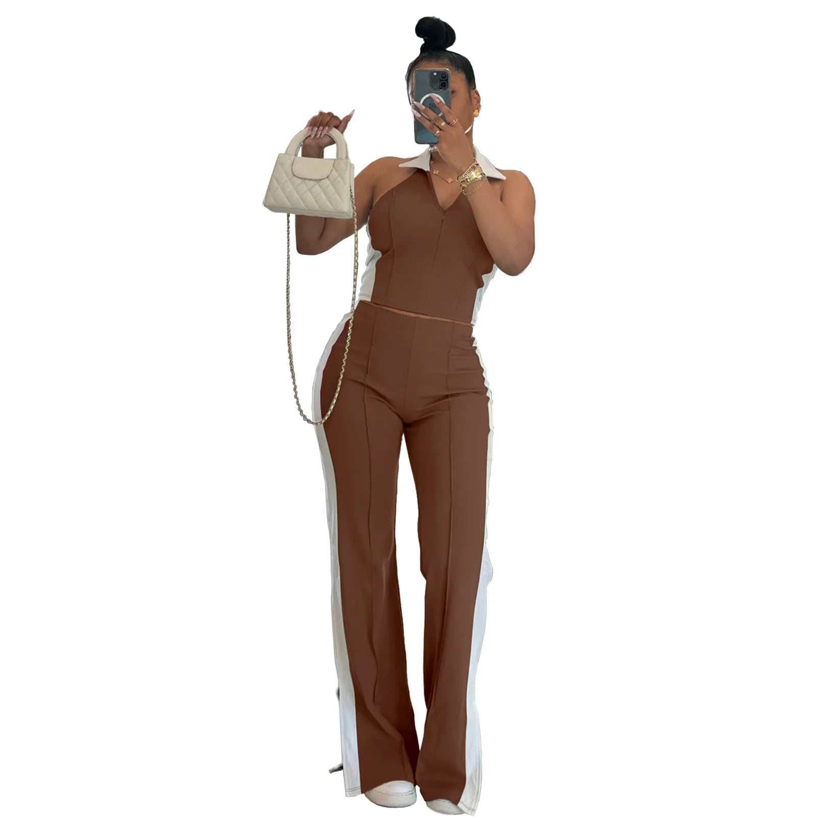 CM.YAYA Sporty Patchwork Women's Set Sleeveless Polo-tank Tops and Slit Flare Pants 2025 Active Two 2 Piece Set Outfit Tracksuit - JN Fashion Fusion
