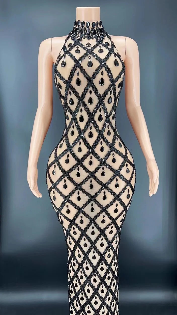 Elegant Dark Mesh Celebrate Evening Wedding Prom Gown Birthday Dress Photograph Wear Sparkly Rhinestones Sleeveless Long Dress - JN Fashion Fusion