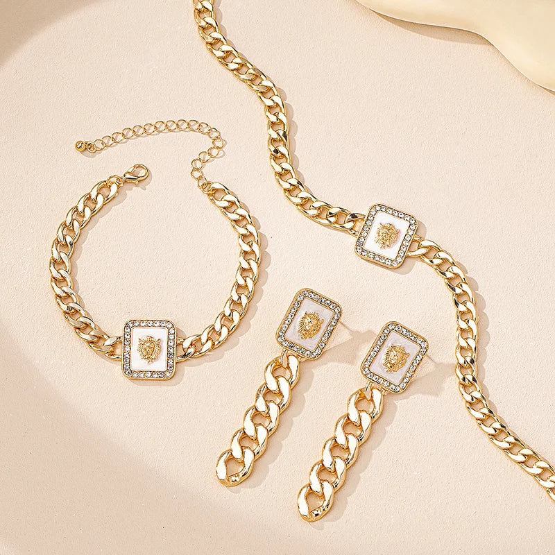 3PCS Vintage Gold Lion Head Jewelry Set for Women - Square Earring, Bracelet & Colorful Enamel Rhinestone Necklace - JN Fashion Fusion