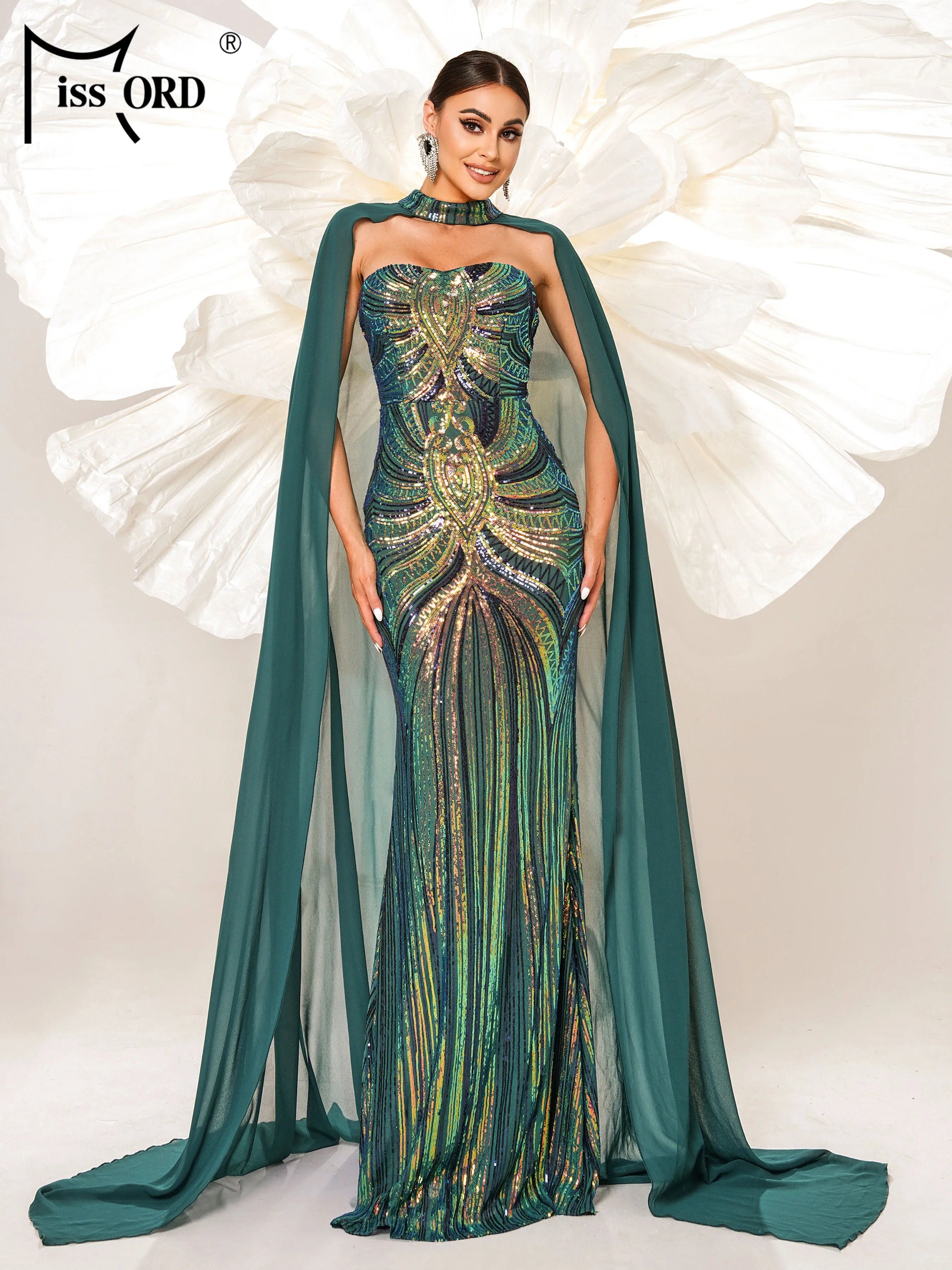 Missord Green Elegant Shawl Floor Length Dress Sequin Mermaid Evening Formal Occasion Wedding Birthday Party Cocktail Dress