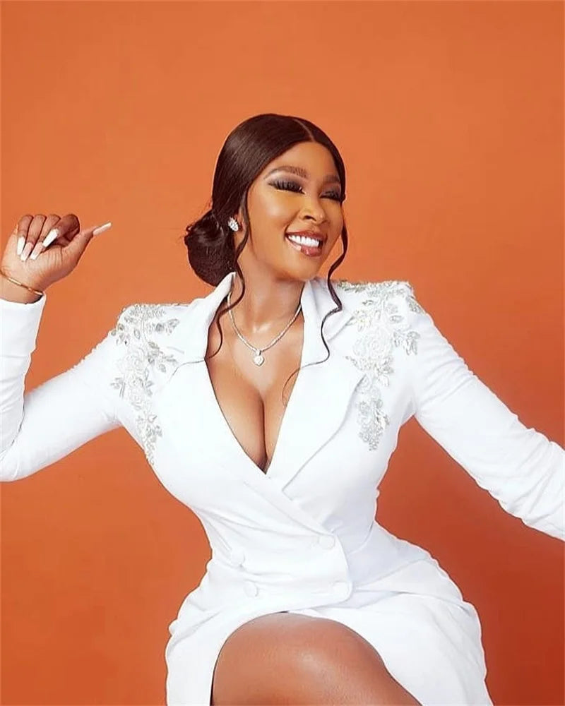 Long Women Suits White Appliqued Beads Modern Fashion Double Breasted Custom Made Sexy Prom Party Evening Dress костюм женский - JN Fashion Fusion