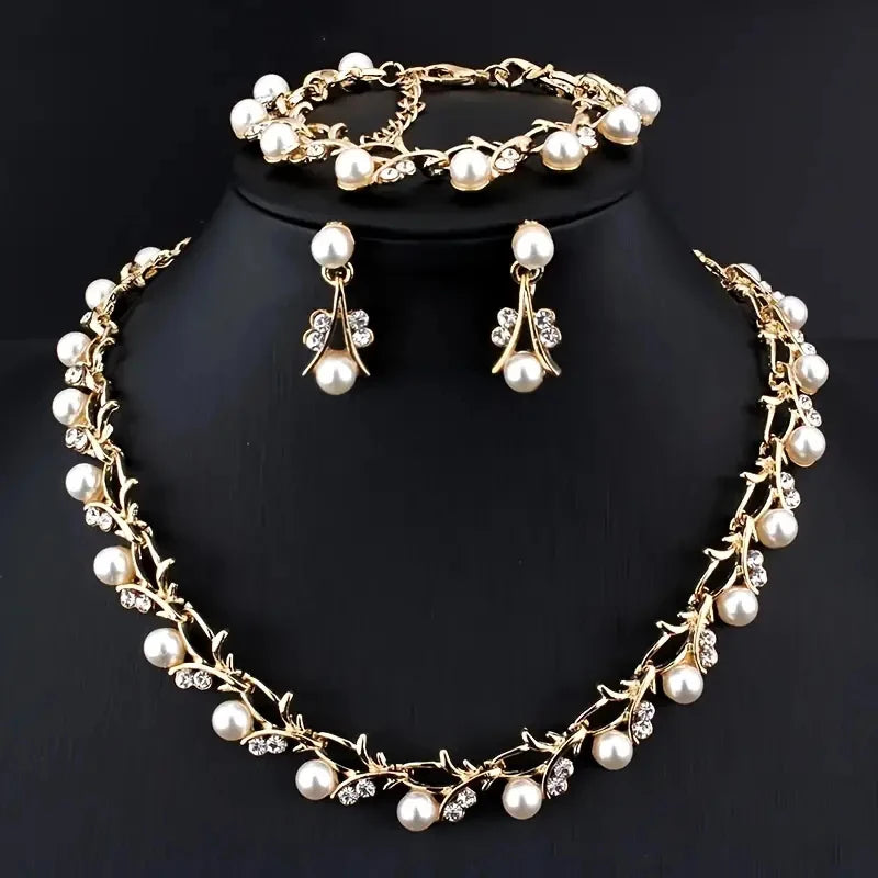 3pcs Sweet Jewelry Set - Artificial Pearl Pendant Necklace, Earrings & Bracelet for Banquet Party - JN Fashion Fusion