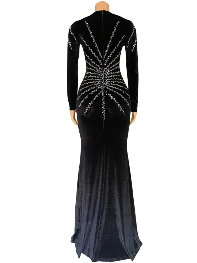 2025 Elegant Diamonds Velvet Long Party Dress for Women Sexy Deep V Evening Gown Formal Black Slim Dress Robe - JN Fashion Fusion