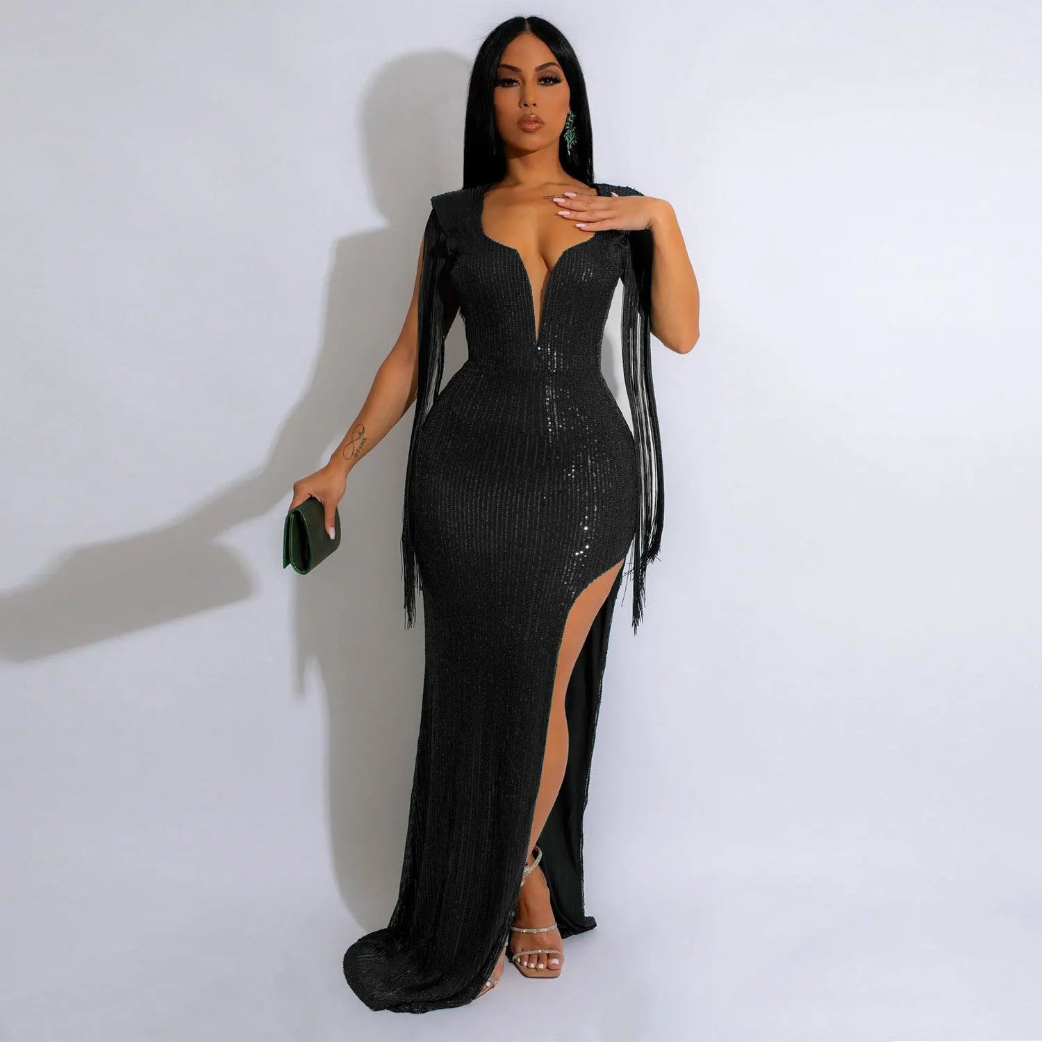 CM.YAYA Women Sequined Tassel Sleeve High Side Slit Midi Maxi Long Dress Autumn Winter Sexy Prom Party Evening Bodycon Dresses - JN Fashion Fusion