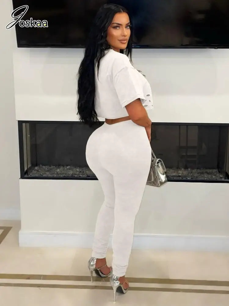 Joskaa Elegant 2 Piece Set Women Sexy Hollow Pin Short Sleeve Crop Tops and Pencil Pants Matching 2025 Summer Party Club Outfits - JN Fashion Fusion