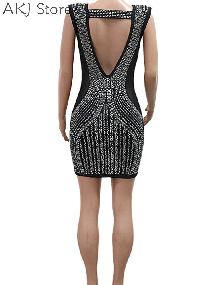 Sexy Shiny Deep V Neck Sleeveless Hollow Out Rhinestone Party Dress