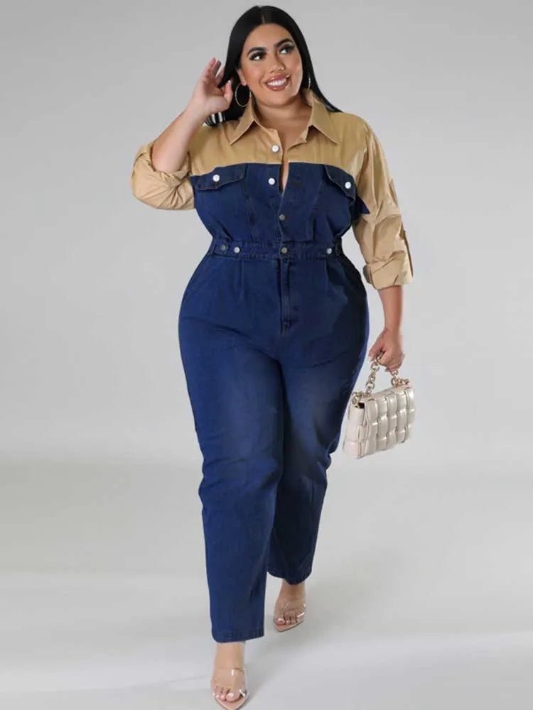 Casual Elegant Womens Jumpsuits with Jeans Autumn Winter Long Sleeve One Piece Outifts Cotton and Denim Jumpsuit Plus Size Lady - JN Fashion Fusion