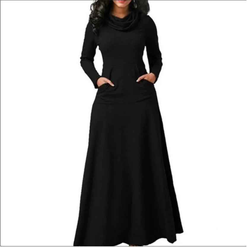 Plus Size 5XL Elegant Long Maxi Dress spring Winter Warm High Collar Women Long-sleeved Dress 2024 Woman Clothing With Pocket - JN Fashion Fusion