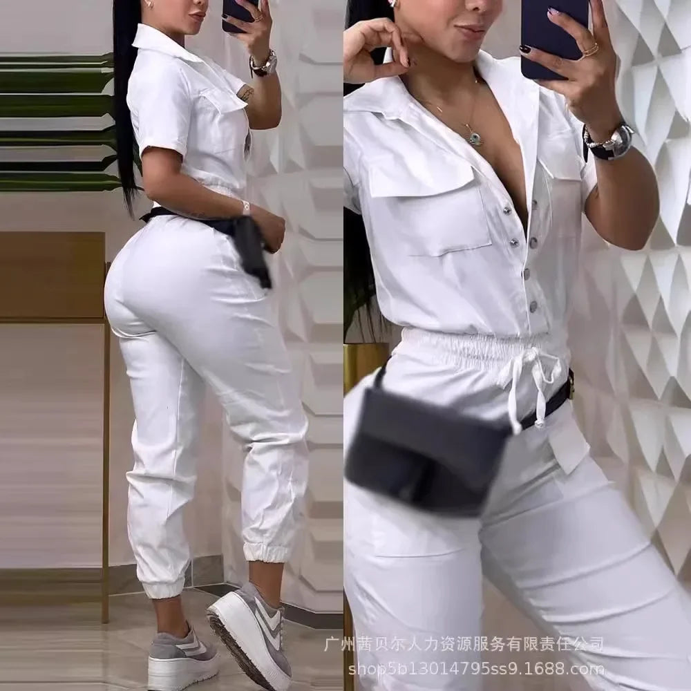 Short Sleeve Pocket Design Cuffed Cargo Jumpsuit Women Summer Solid Color Playsuits Jumpsuits Pants High Waist - JN Fashion Fusion