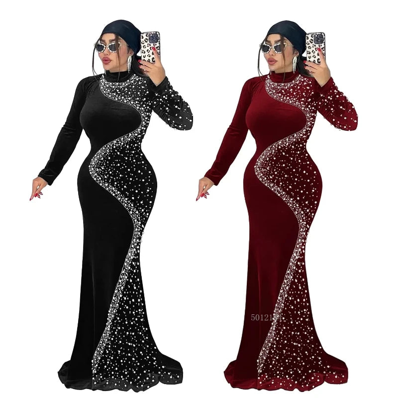 Women's African Dashiki Maxi Dress Ankara Clothing Diamonds Detail Vetement Femme Spring Summer New Zipper Closure Standard Thickness