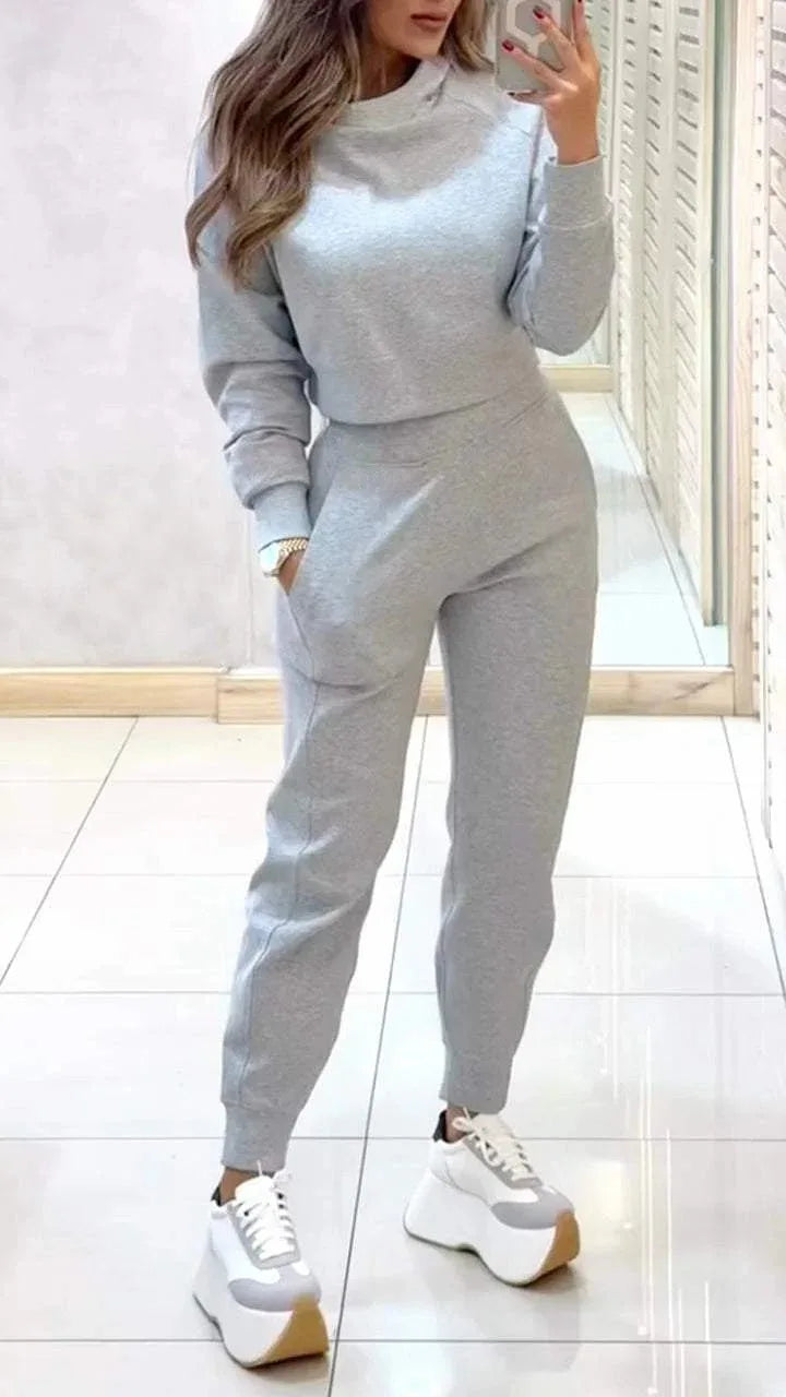 2025 New Women's 2-piece Long-sleeved Short Sweatshirt Turtleneck Fashion Casual Elastic Waist Slim Pant Sets - JN Fashion Fusion