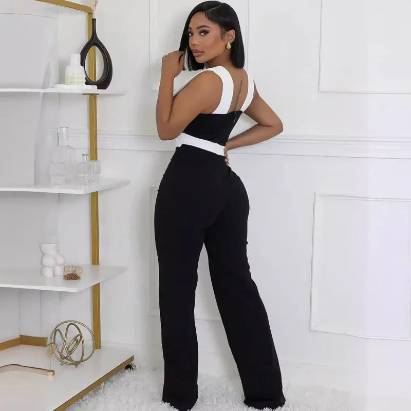 New Trendy Women Summer Jumpsuit Sexy Office Lady White Black Patchwork Hollow Out Jumpsuit - JN Fashion Fusion