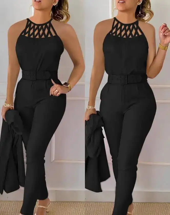 Two Piece Set Women Outfit 2024 Summer Fashion Hollow Out Round Neck Sleeveless Tank Top & Casual Pocket Daily Pants Set PP9X - JN Fashion Fusion
