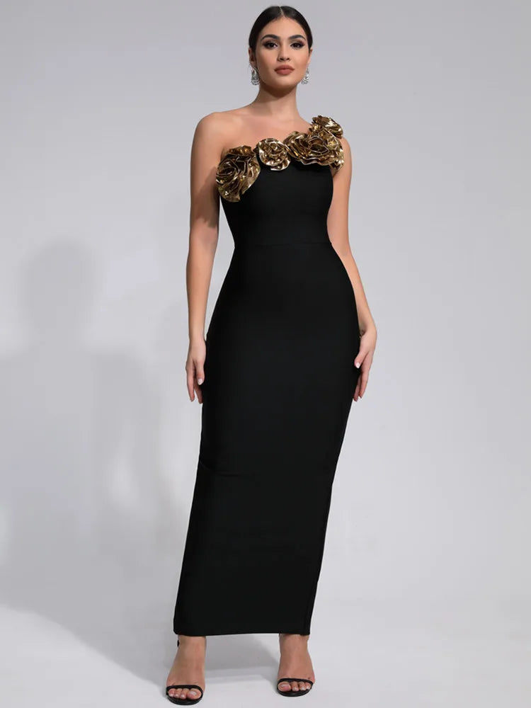 New Women Celebrity Luxury Sexy One Shoulder Flower Black Maxi Long Bandage Dress 2024 Knitted Elegant Evening Club Party Outfit - JN Fashion Fusion