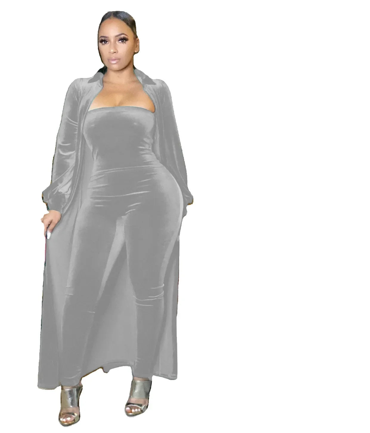 CM.YAYA Vintage Velvet Two 2 Piece Set Outfits for Women Long Sleeve Maxi Cardigan + Strapless Jumpsuit Suit INS 2022 Tracksuit