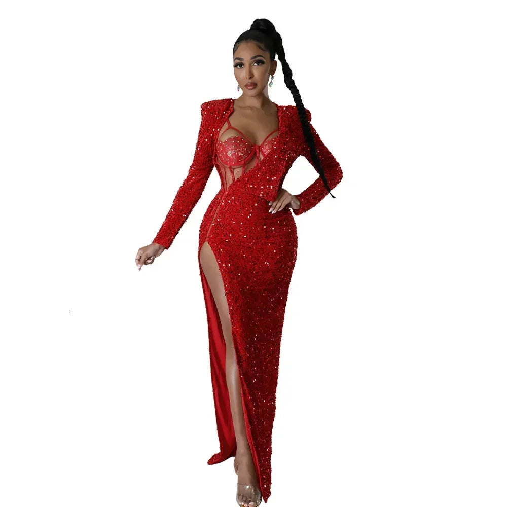 Two Piece Sets Bodysuit Sexy Women Sequin Dress Rompers Solid Slim Fit Sheath Full Sleeve Hip Wrap Dresses Set Party Gown - JN Fashion Fusion