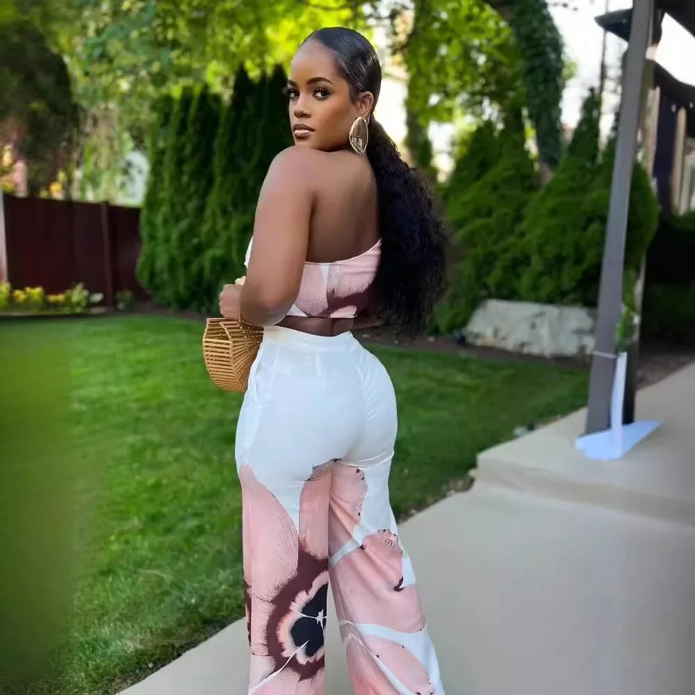 S10831 Euro-American Printing Single Shoulder Slims Smooths Your Silhouette Bell Bottoms 2-Piece Set Fashionable Dress Outfits - JN Fashion Fusion