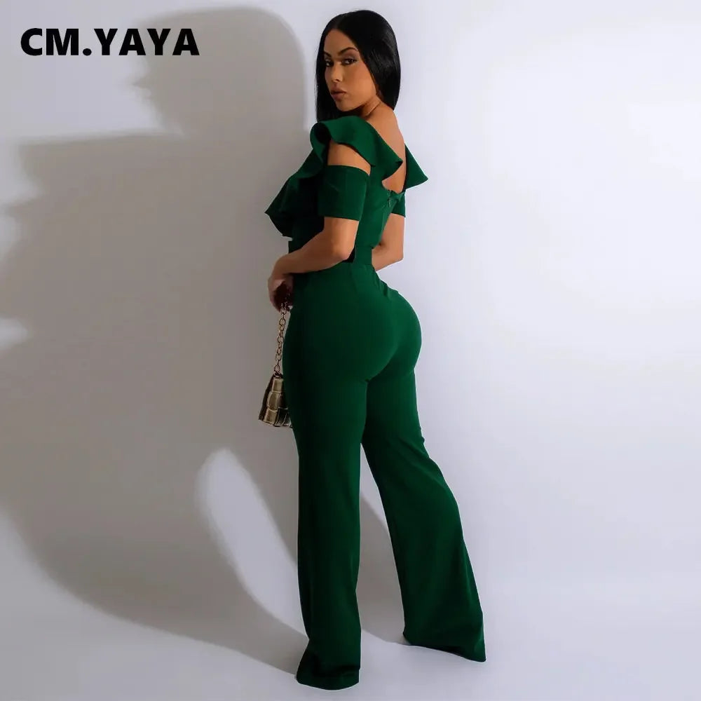 CM.YAYA Vintage Women Butterfly Sleeve Zipper Back Sashes High Waist Straight Wide Leg Jumpsuit 2023 Party Evening One Piece Set - JN Fashion Fusion