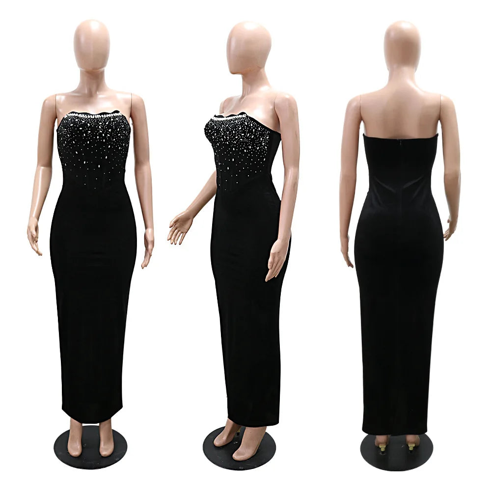 CM.YAYA Diamonds Hot Rhinestones Strapless Women Velvet Long Dress 2025 Spring Birthday Party Night Evening Prom Maxi Dresses - JN Fashion Fusion
