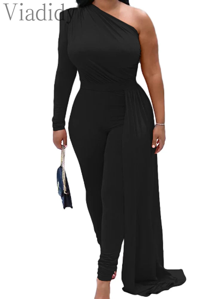 Red Puff Sleeve One Shoulder Long Sleeve Jumpsuits - JN Fashion Fusion