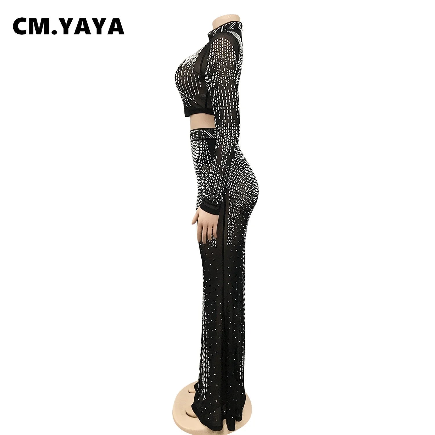 CM.YAYA Women Mesh See Though Hot Rhinestones Diamonds Patchwork Maxi Midi Dress Sexy Party Long Skirts Suit Matching Set - JN Fashion Fusion